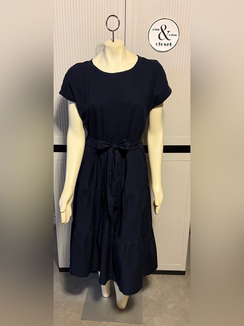 Talbots Classic Navy Tie-Waist Midi Tiered Dress